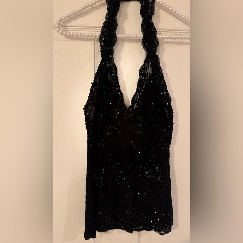 Gorgeous Black Lace and Sequined Halter Top.
Perfect for the holidays!